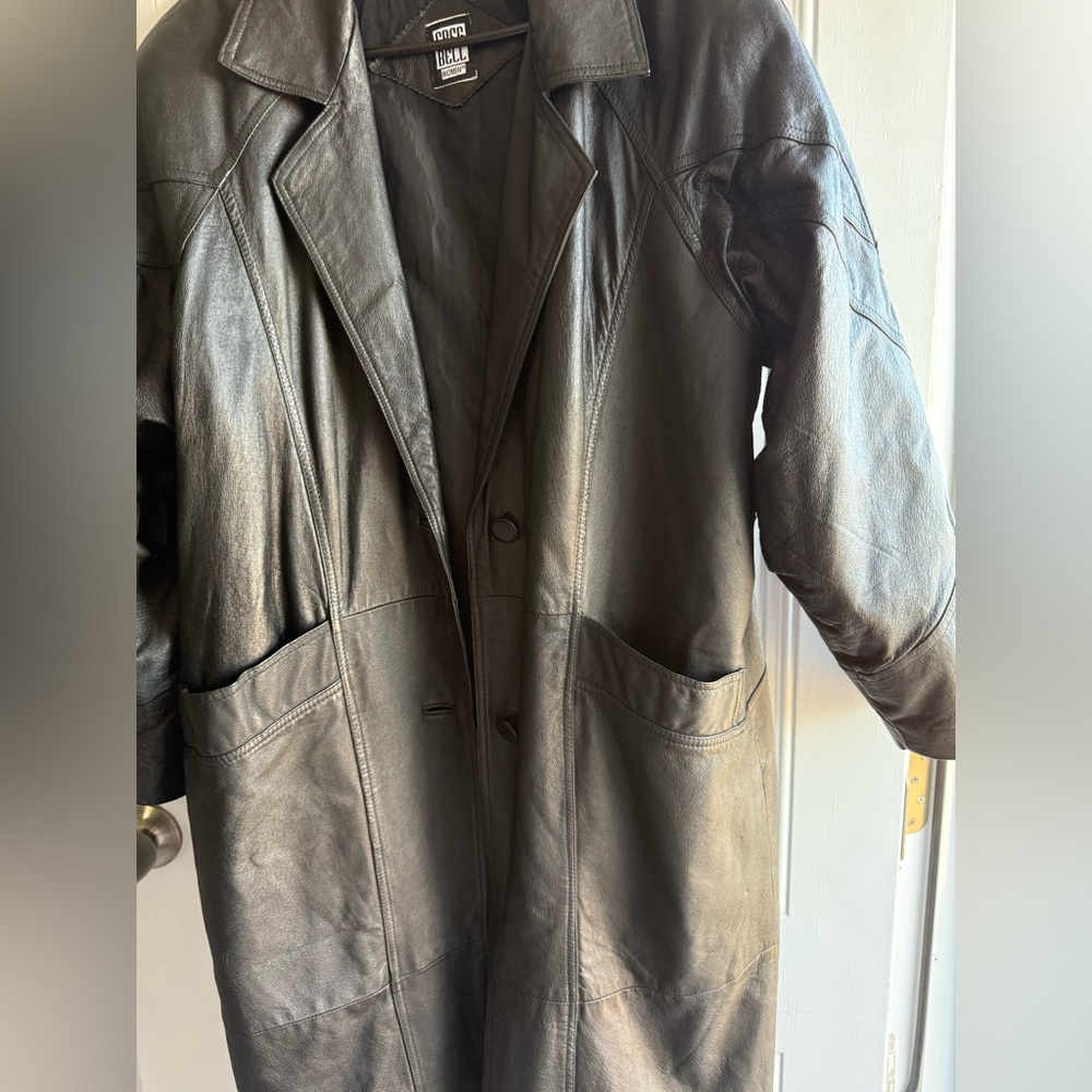 Greg Bell Leather Coat Black Long Trench Jacket Vintage Women’s Size 1X